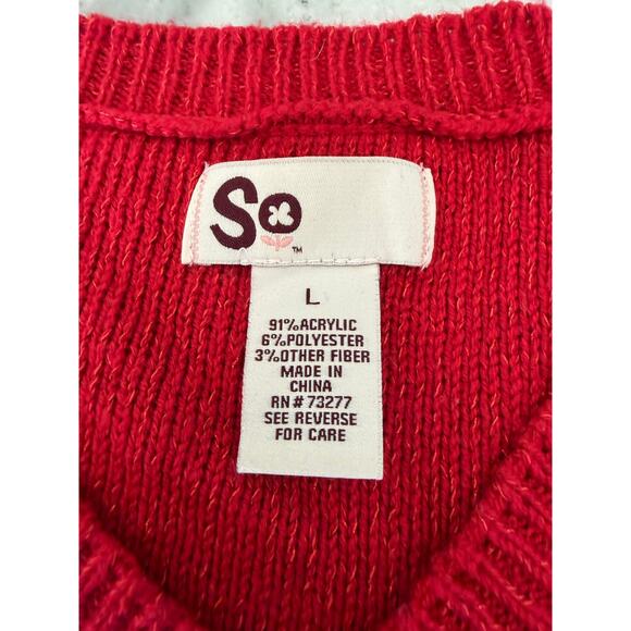 SO Red Sparkle V-Neck Sweater Size Large Holiday Winter Preppy Y2K - Picture 4 of 7